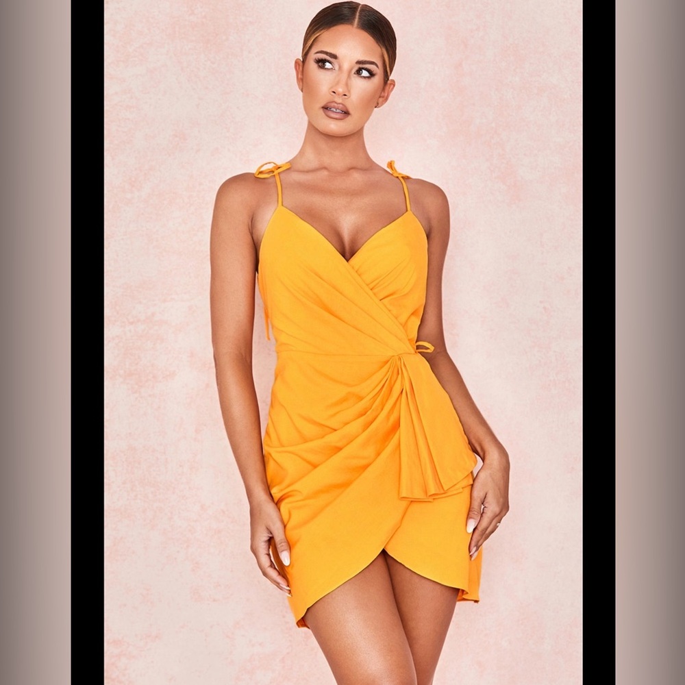House of CB‎ Carolina Mango Orange Yellow Wrap Strappy Pleated Mini Dress XS
